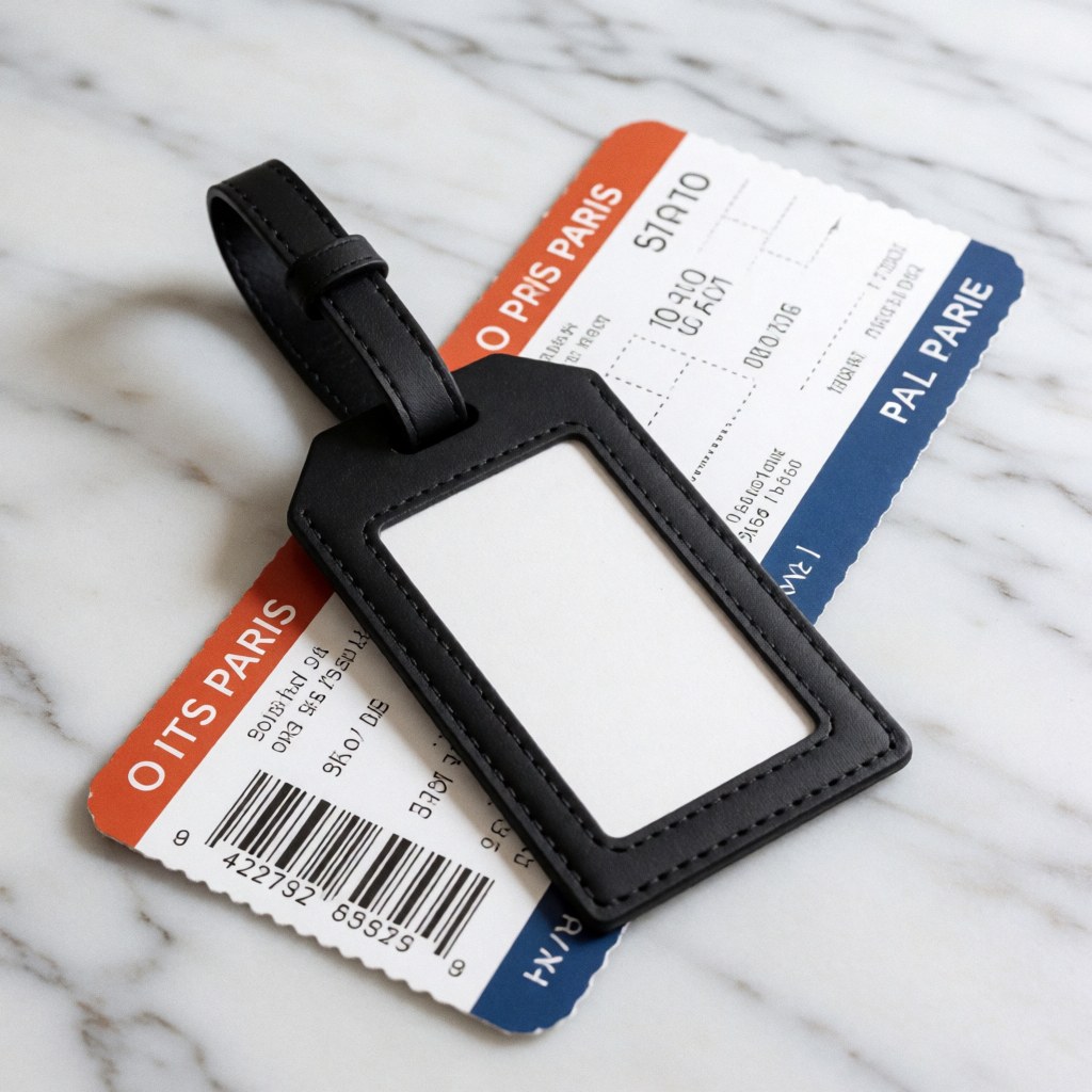 Close-up view of a luggage tag and boarding pass resting on a white marble surface, ideal for travel agency product imagery
