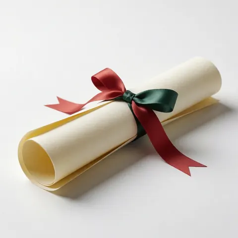 Rolled diploma tied with red and green ribbon on white background, elegant presentation for university or school use