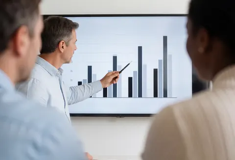 A professional presenter stands in front of a large screen displaying a bar chart with results during a business training session.