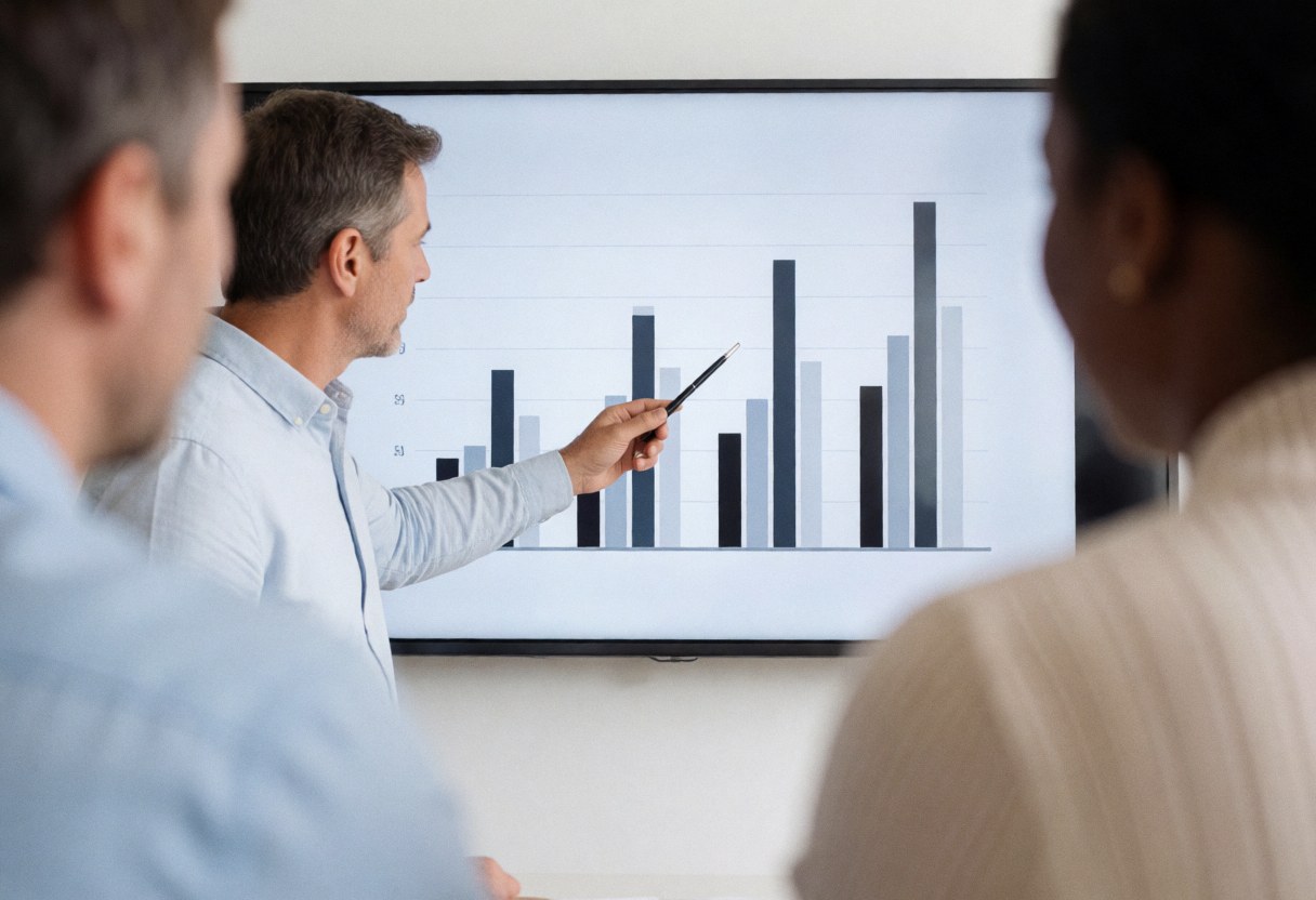 A professional presenter stands in front of a large screen displaying a bar chart with results during a business training session.