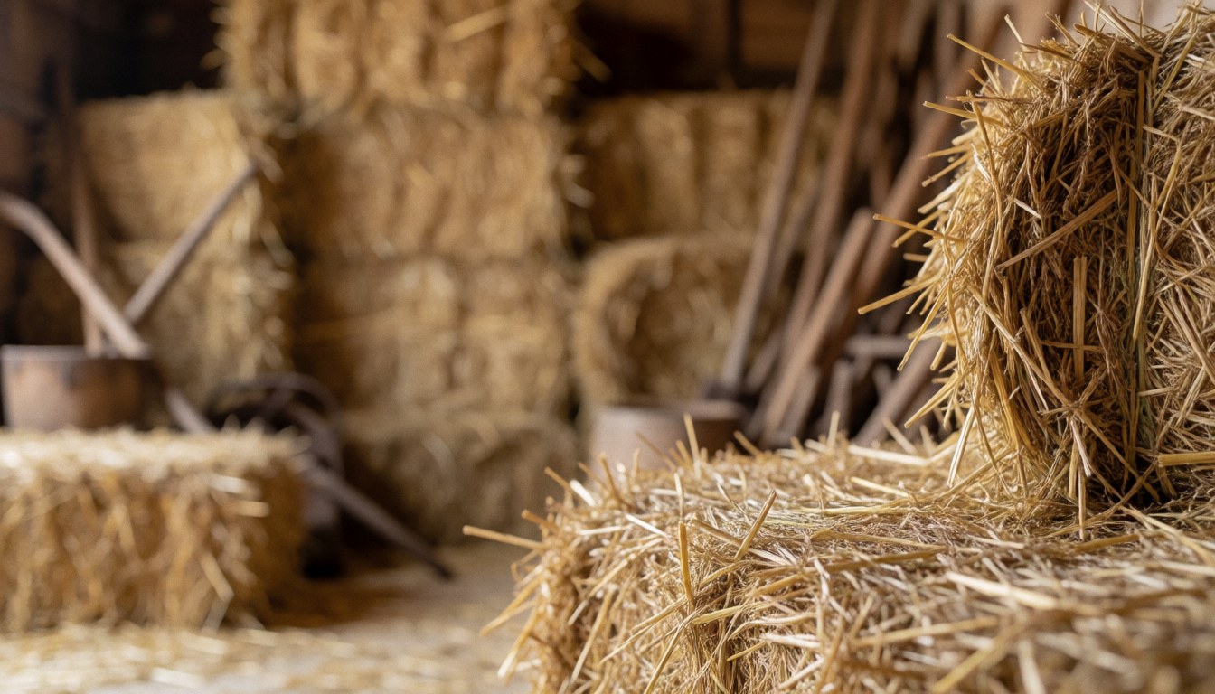 A rustic farm background featuring stacked hay bales, wooden textures, and agricultural tools in warm earth tones, suitable for text overlay