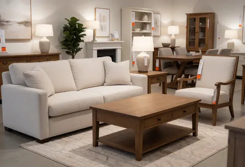 Spacious furniture showroom featuring a beige sofa, wooden coffee table, chair, and rug with soft lighting and modern decor.