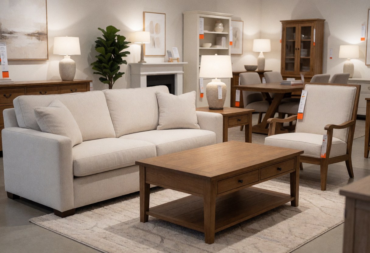 Spacious furniture showroom featuring a beige sofa, wooden coffee table, chair, and rug with soft lighting and modern decor.