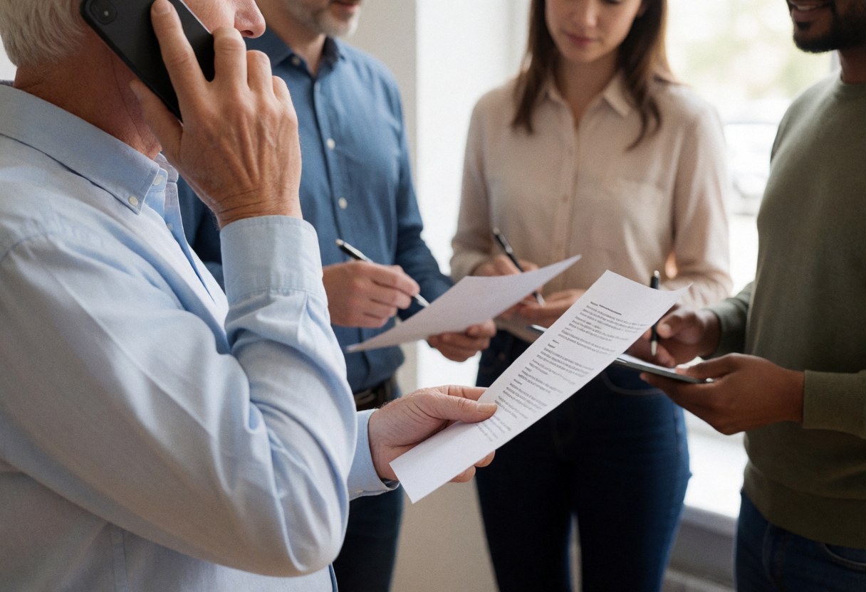 A senior consultant speaks on a cell phone while reviewing documents with colleagues in a professional team meeting under natural light.