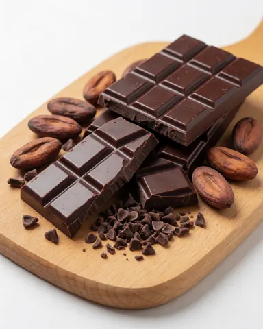 Close-up of artisanal chocolate bars arranged on a rustic wooden surface, showcasing dark cocoa texture and natural ingredients for coffee and cacao farm products.
