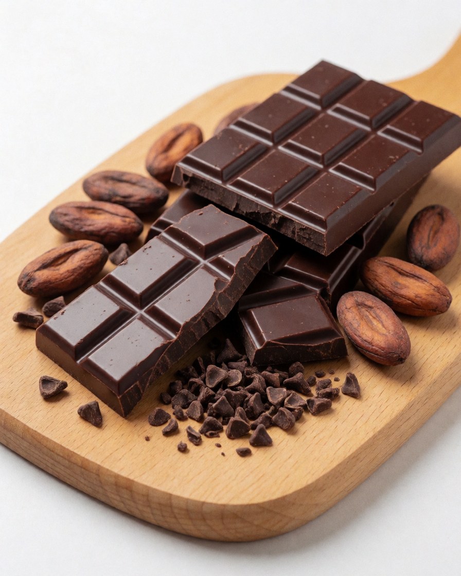 Close-up of artisanal chocolate bars arranged on a rustic wooden surface, showcasing dark cocoa texture and natural ingredients for coffee and cacao farm products.