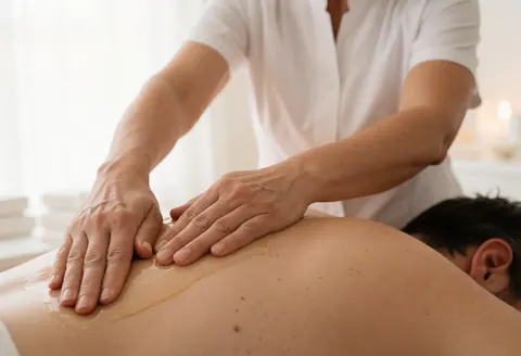 Professional therapist applying a back massage to a client in a quiet room with soft lighting and a lit candle