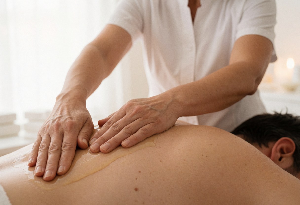 Professional therapist applying a back massage to a client in a quiet room with soft lighting and a lit candle