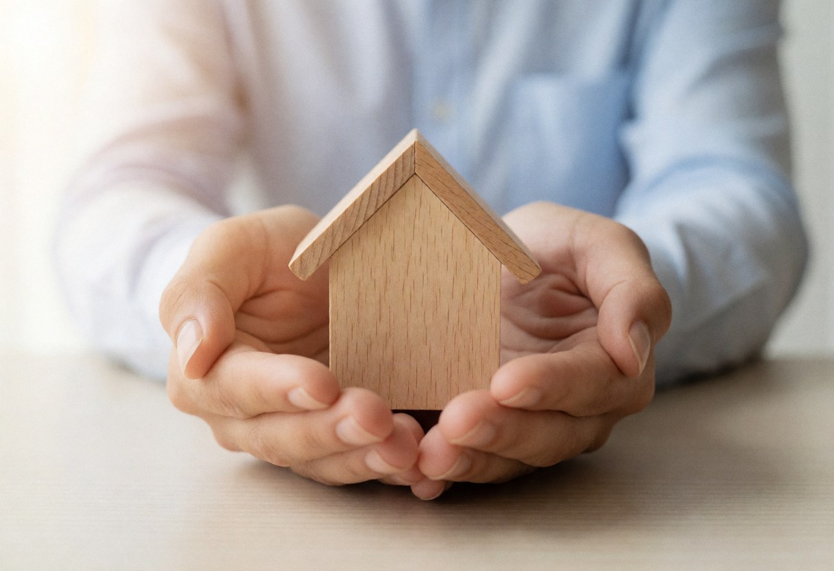Close-up of hands gently holding a small wooden house model to symbolize home insurance and protection