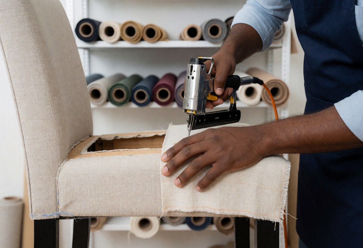 A close-up view of a professional upholsterer's hands using a staple gun to attach colorful fabric to a wooden chair frame in a clean workshop