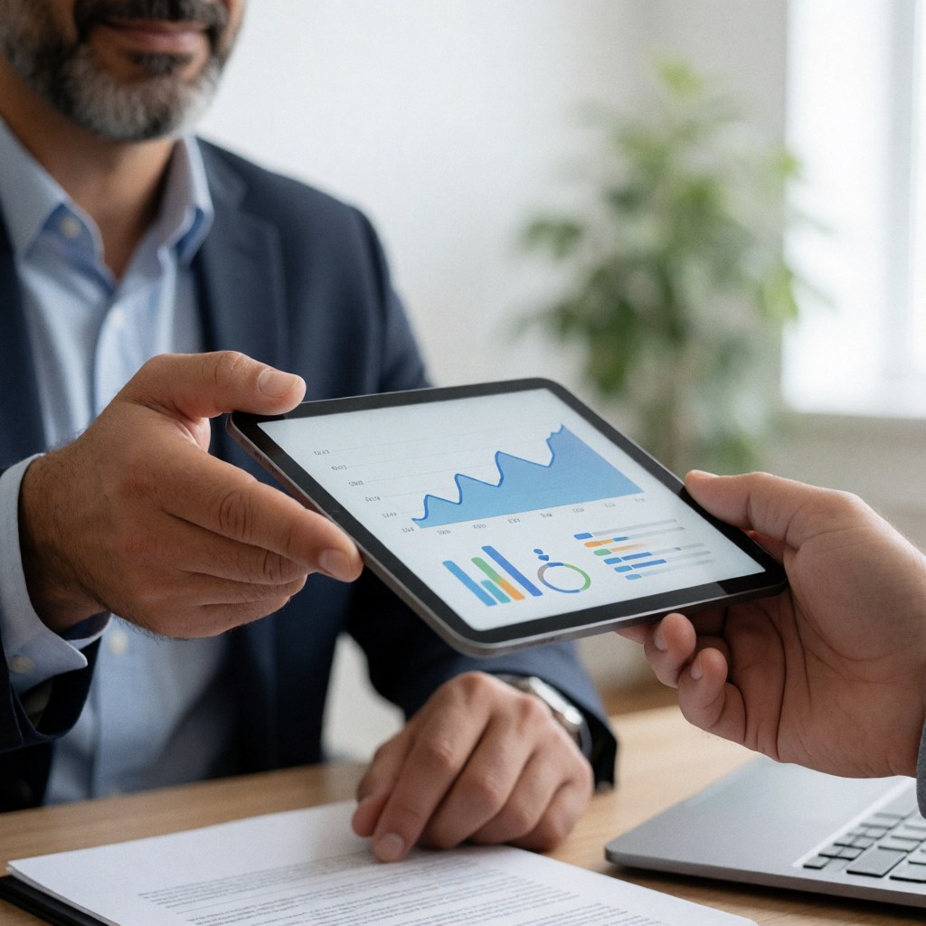 A professional man displays data charts on a tablet to a client during an office meeting with a computer and documents on the desk.