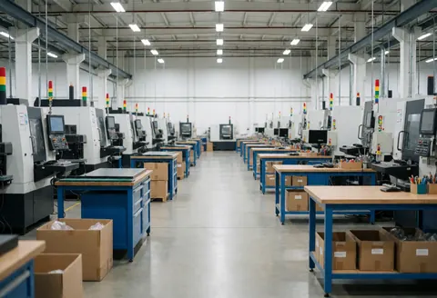Clean and organized interior of a modern industrial factory featuring rows of work tables and machinery in a precision manufacturing environment