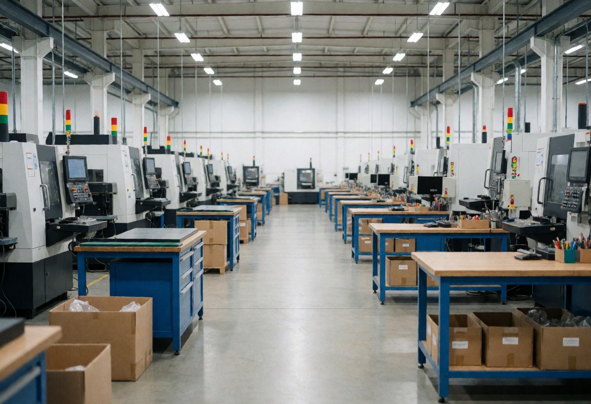 Clean and organized interior of a modern industrial factory featuring rows of work tables and machinery in a precision manufacturing environment
