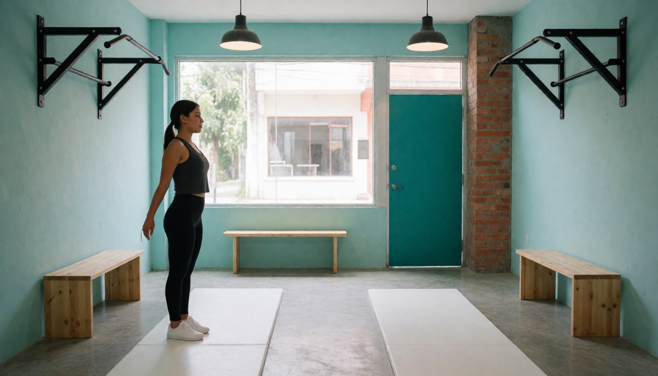 A quiet and modern gym interior featuring teal walls, gray flooring, wooden benches, and industrial hanging lights creating a serene workout space.