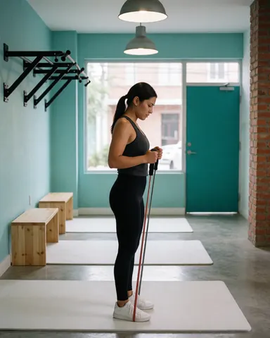 Woman adjusting resistance band in gym with turquoise walls, gray floor, hanging lights, wooden benches, and natural light from window.