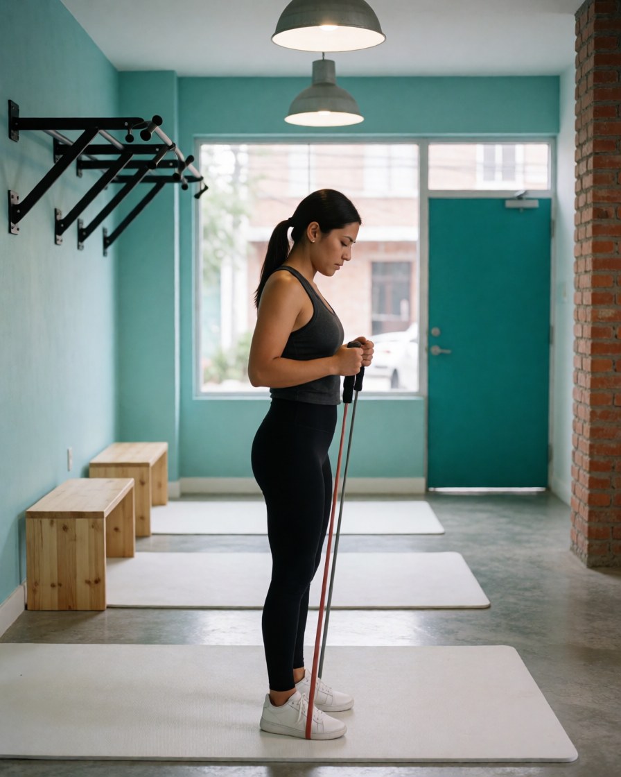 Woman adjusting resistance band in gym with turquoise walls, gray floor, hanging lights, wooden benches, and natural light from window.