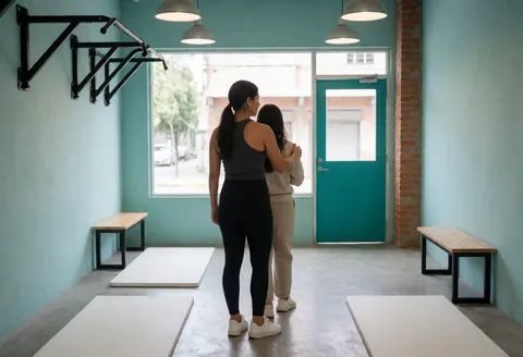 A fitness trainer provides personalized guidance to a client during a workout session inside a modern gym with teal walls and industrial lighting.