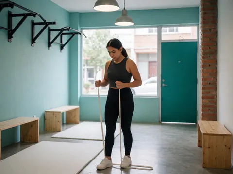 Woman in small gym with turquoise walls and gray floor adjusting white resistance band while training.