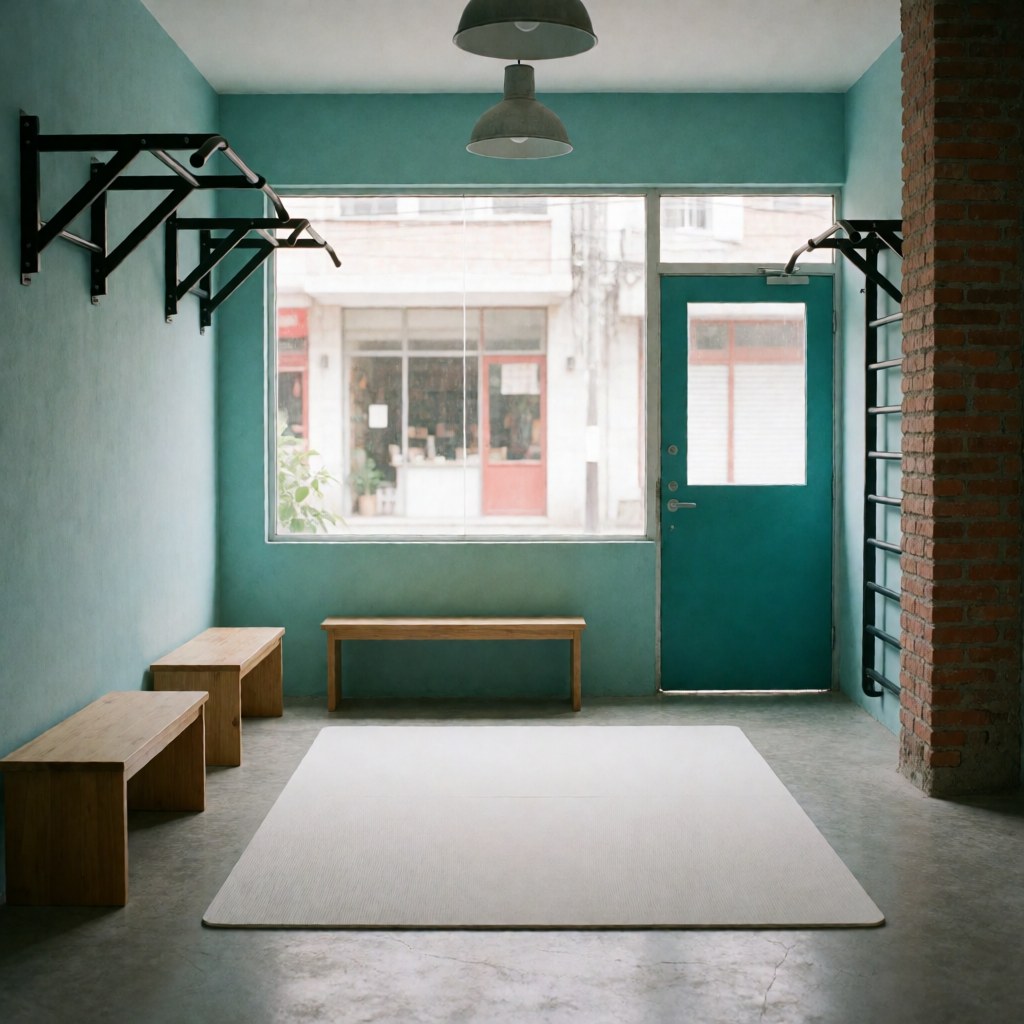 Neatly arranged fitness gear including benches and mats in a minimalist gym with turquoise walls and brick pillars