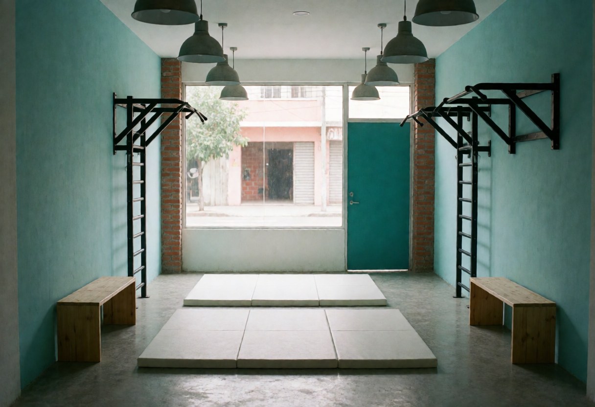 Clean and hygienic empty gym space featuring teal walls, wooden benches, rubber mats, and industrial lighting ready for business opening