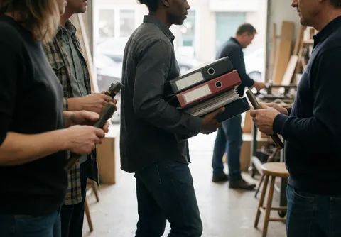A consultant walking through a workshop environment, carrying folders and tools, with a blurred background and natural lighting highlighting the professional setting.