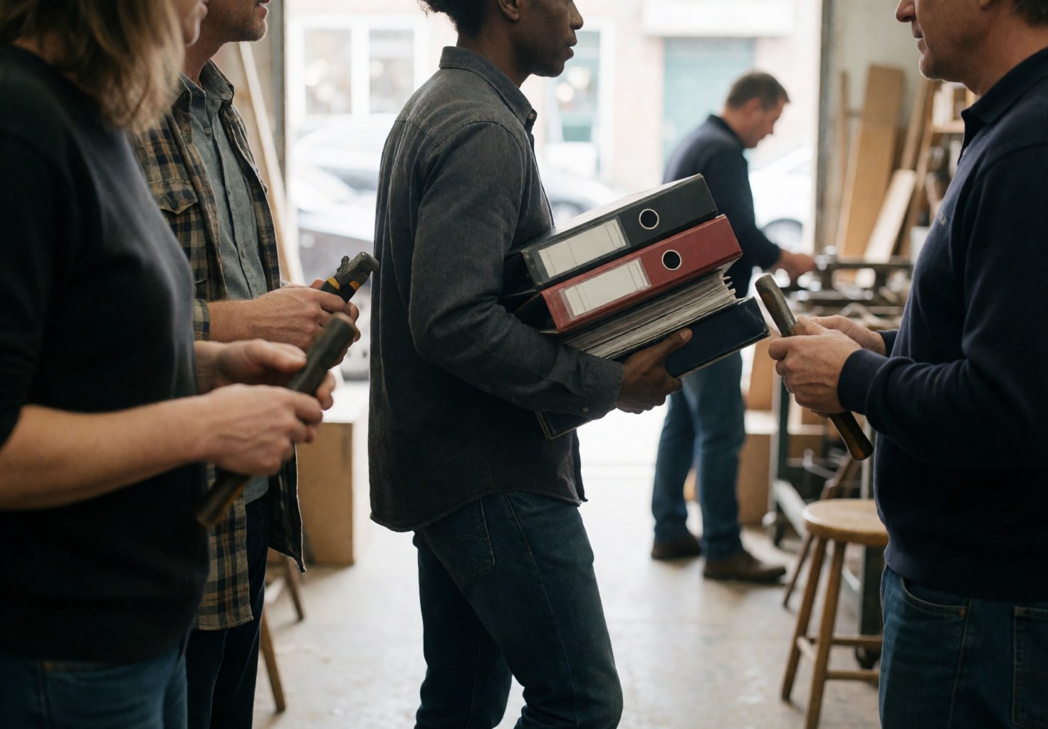 A consultant walking through a workshop environment, carrying folders and tools, with a blurred background and natural lighting highlighting the professional setting.