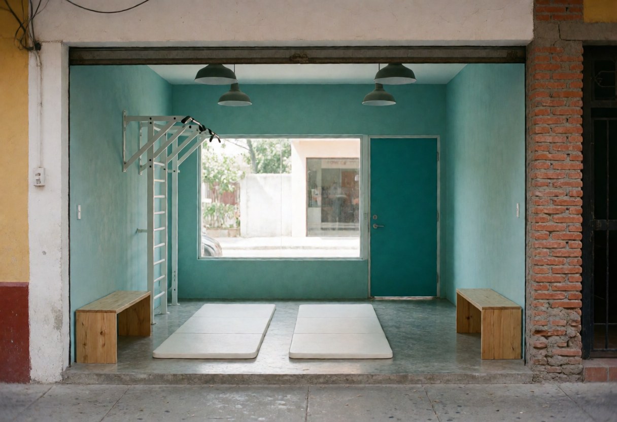 Small fitness studio featuring turquoise walls, gray flooring, wooden benches, and industrial pendant lights for workouts