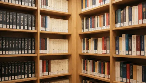Rows of bookshelves filled with Spanish books and dictionaries in a quiet library setting, providing a blurred background suitable for educational text overlays.