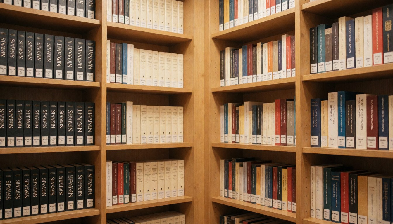 Rows of bookshelves filled with Spanish books and dictionaries in a quiet library setting, providing a blurred background suitable for educational text overlays.