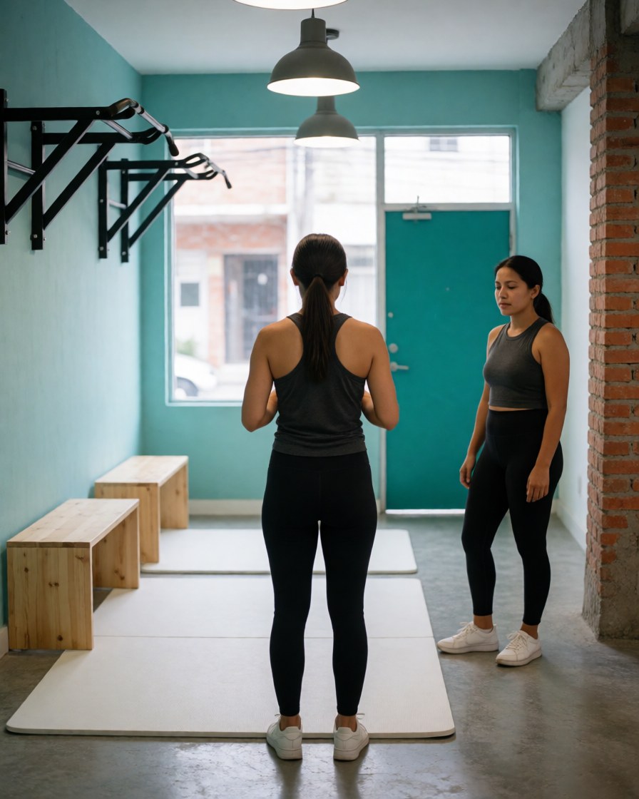 A happy woman sits on a wooden bench in a clean, well-lit modern gym with turquoise walls and gray floors, observing the fitness activity around her.