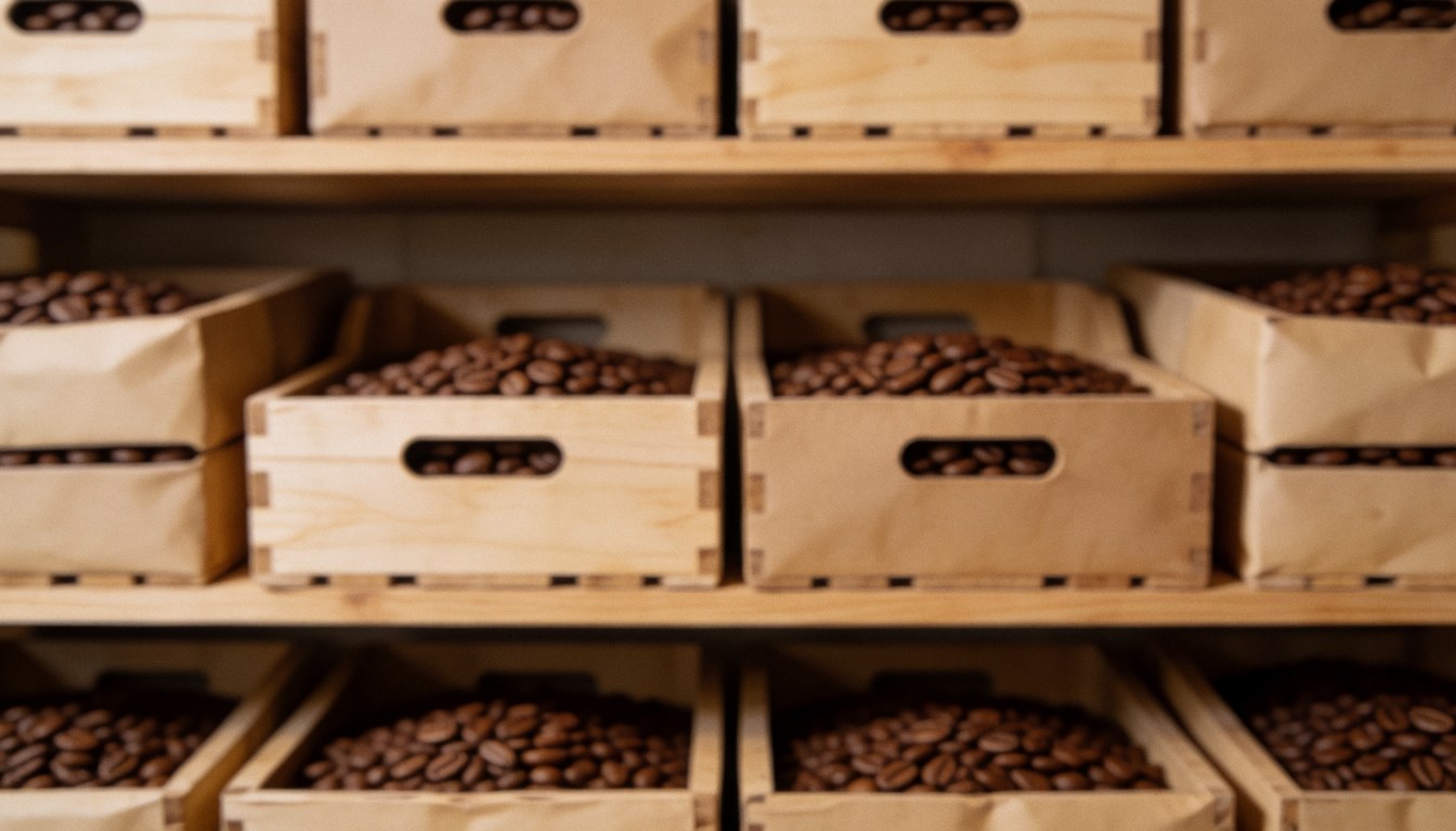 A textured background suitable for text overlay, featuring coffee beans and wooden elements related to coffee and cacao farms.