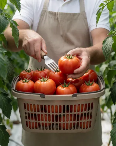 A worker collecting mature red tomatoes into a basket inside a greenhouse, with close-up hands and fruit under diffused light.