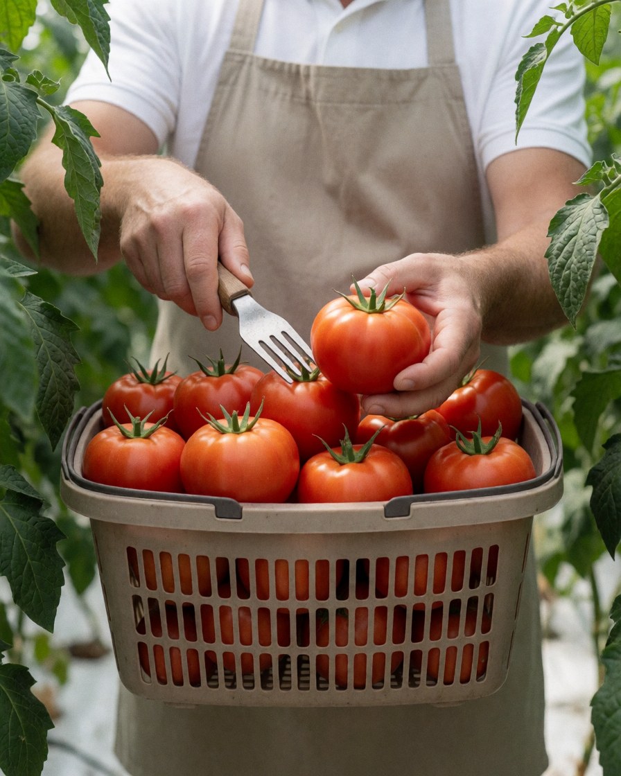 A worker collecting mature red tomatoes into a basket inside a greenhouse, with close-up hands and fruit under diffused light.