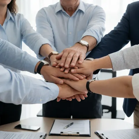 Close-up view of five professionals joining hands in the center of an office table to demonstrate unity and collaboration during a business meeting.