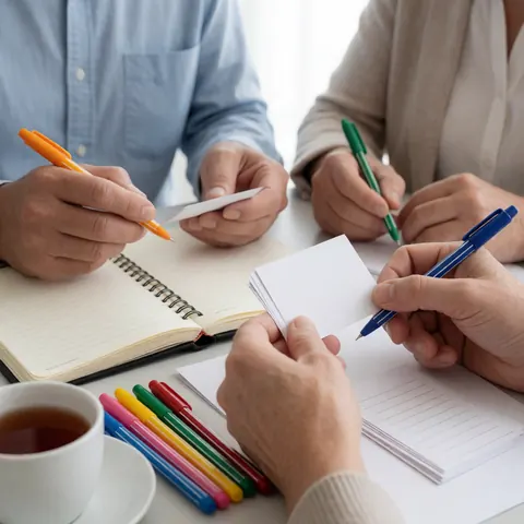 Close-up of hands arranging white vocabulary cards and colorful pens on a desk with an open notebook and tea cup for language study