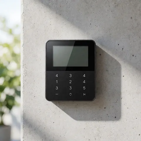 Black security panel with keypad and screen mounted on textured concrete wall, illuminated by natural light from the left