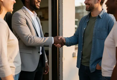 A professional and client smile and greet each other outside a community center with golden light and blurred background.