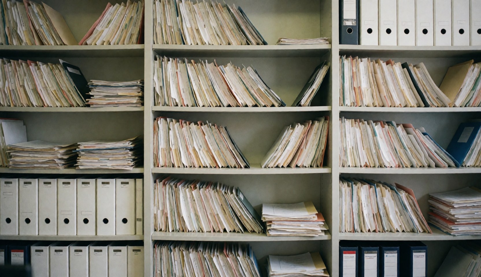 Neat shelves packed with file folders and documents in a professional insurance office setting, featuring neutral colors and an orderly atmosphere suitable for text backgrounds.