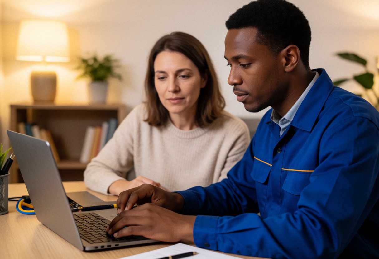 Technician in blue uniform repairing a laptop on a table while a woman watches attentively in a warm home setting with books and plants.