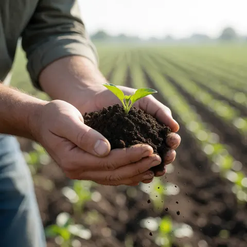 Close-up of a farmer's hand holding fertile soil with a small green sprout, blurred agricultural field rows in the background under soft morning light