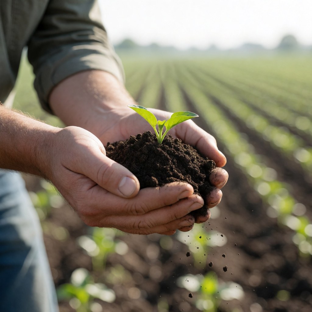 Close-up of a farmer's hand holding fertile soil with a small green sprout, blurred agricultural field rows in the background under soft morning light