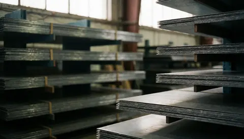 A blurred industrial warehouse background featuring stacked metal sheets and steel coils, suitable for business text overlays