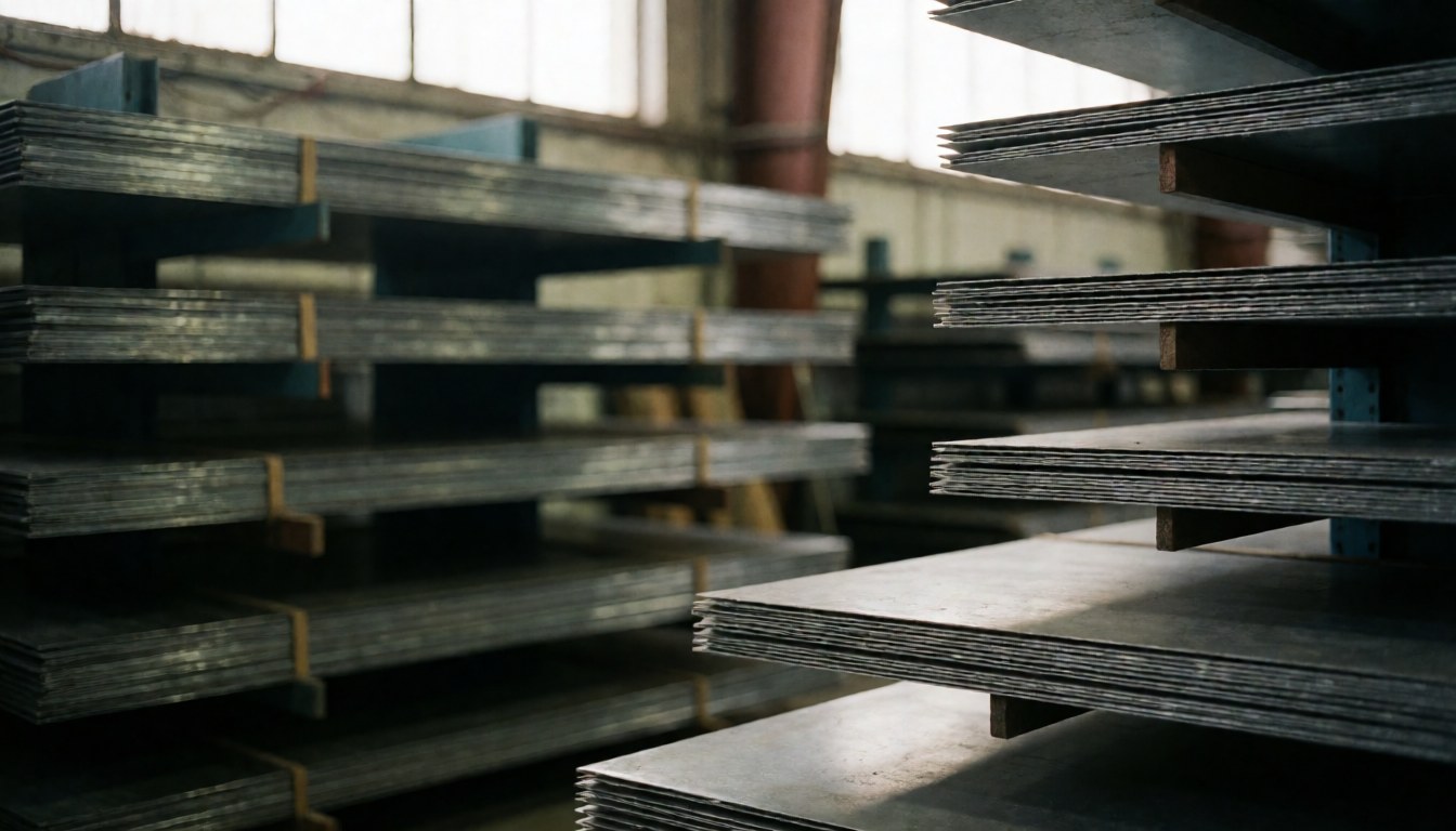 A blurred industrial warehouse background featuring stacked metal sheets and steel coils, suitable for business text overlays