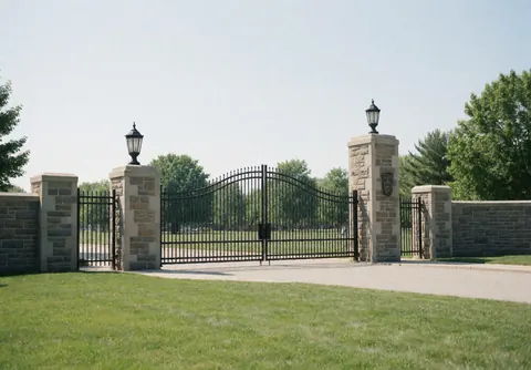 The main entrance to a university campus featuring stone pillars, a metal gate, green lawn, and clear sky