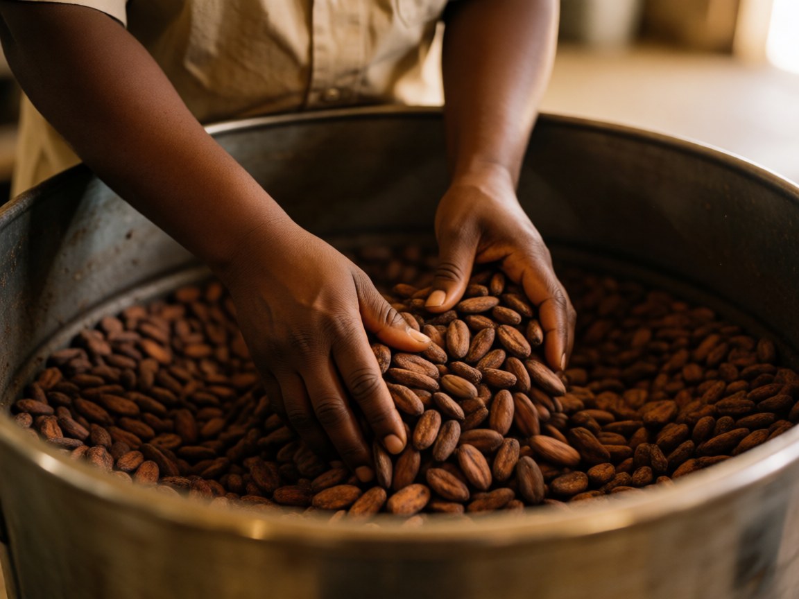 Close-up of hands stirring raw cacao beans in a stainless steel bowl during the processing stage with warm lighting and a blurred background