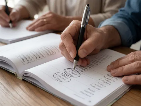 Adult hands circling Spanish vocabulary words in an open notebook on a wooden desk with natural lighting