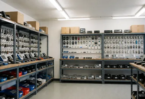 Interior of a security warehouse featuring metal shelves filled with locks, alarms, and electronic components under fluorescent lighting.