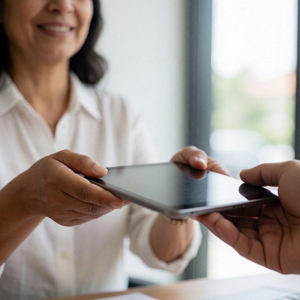 A woman hands a tablet to a client in a bright modern office with natural light and a professional atmosphere.