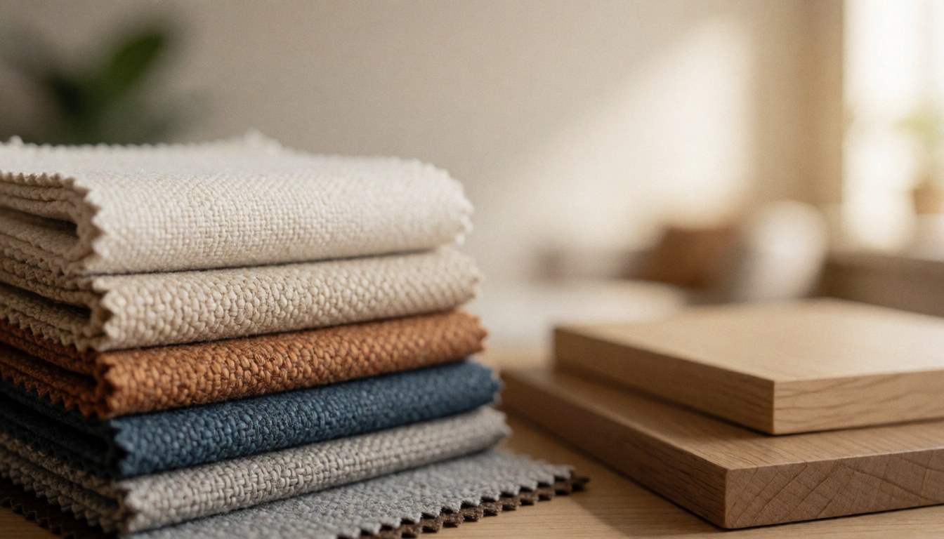 Detailed view of various furniture material textures including wood grain and fabric patterns for design inspiration