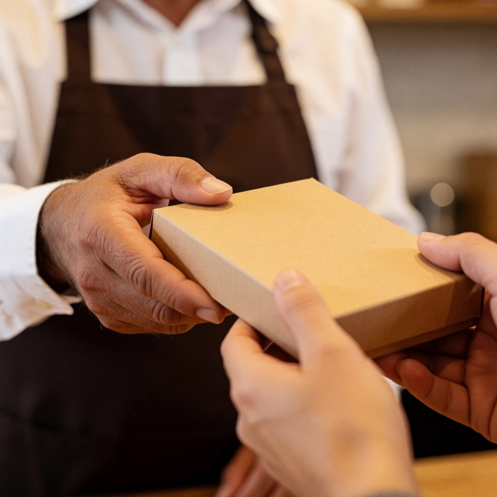 Close-up of hands holding a box containing coffee and cacao products during a delivery transaction